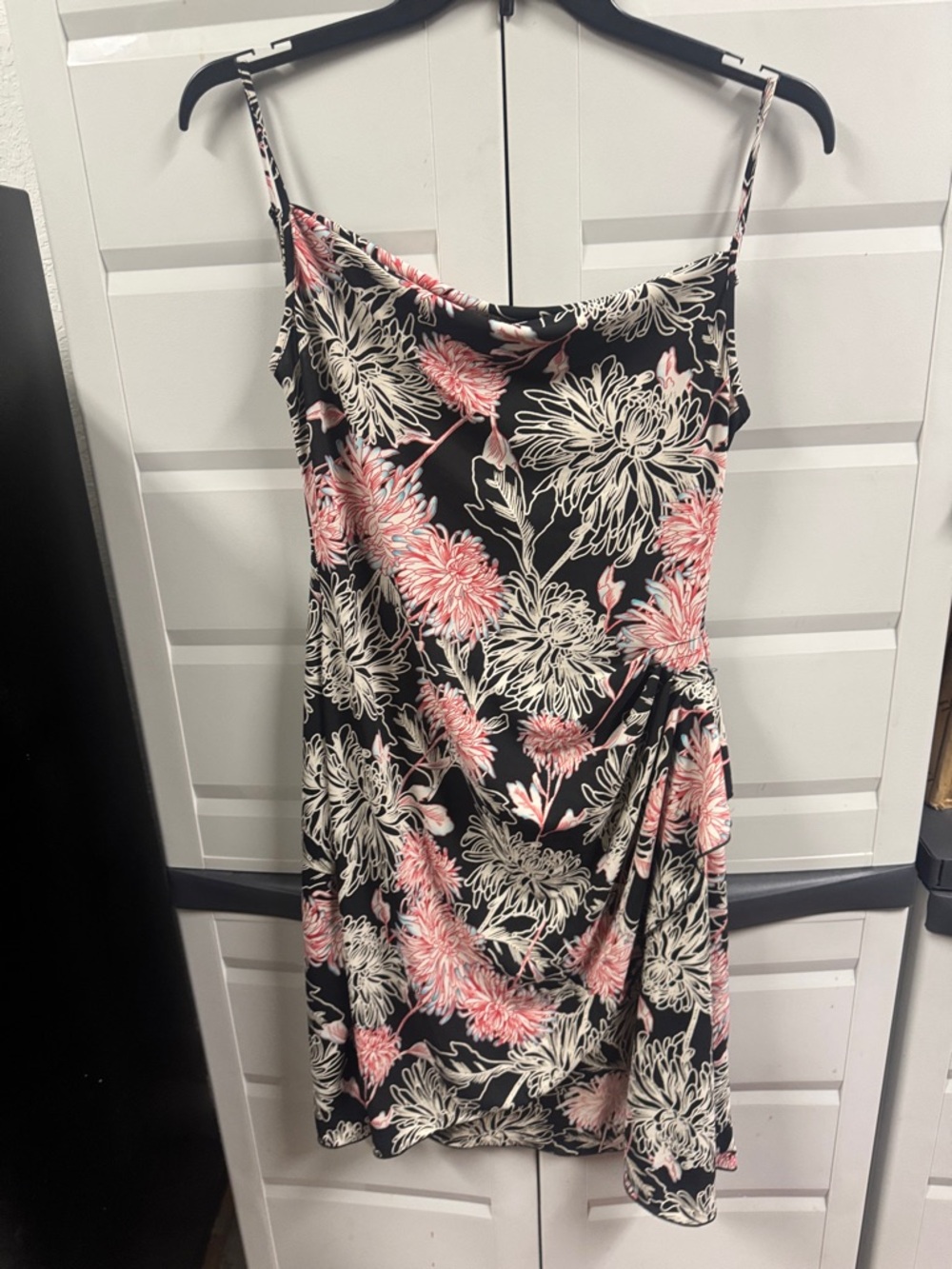 Floral Cowl Neck Slip Dress in Black and Pink - Women's